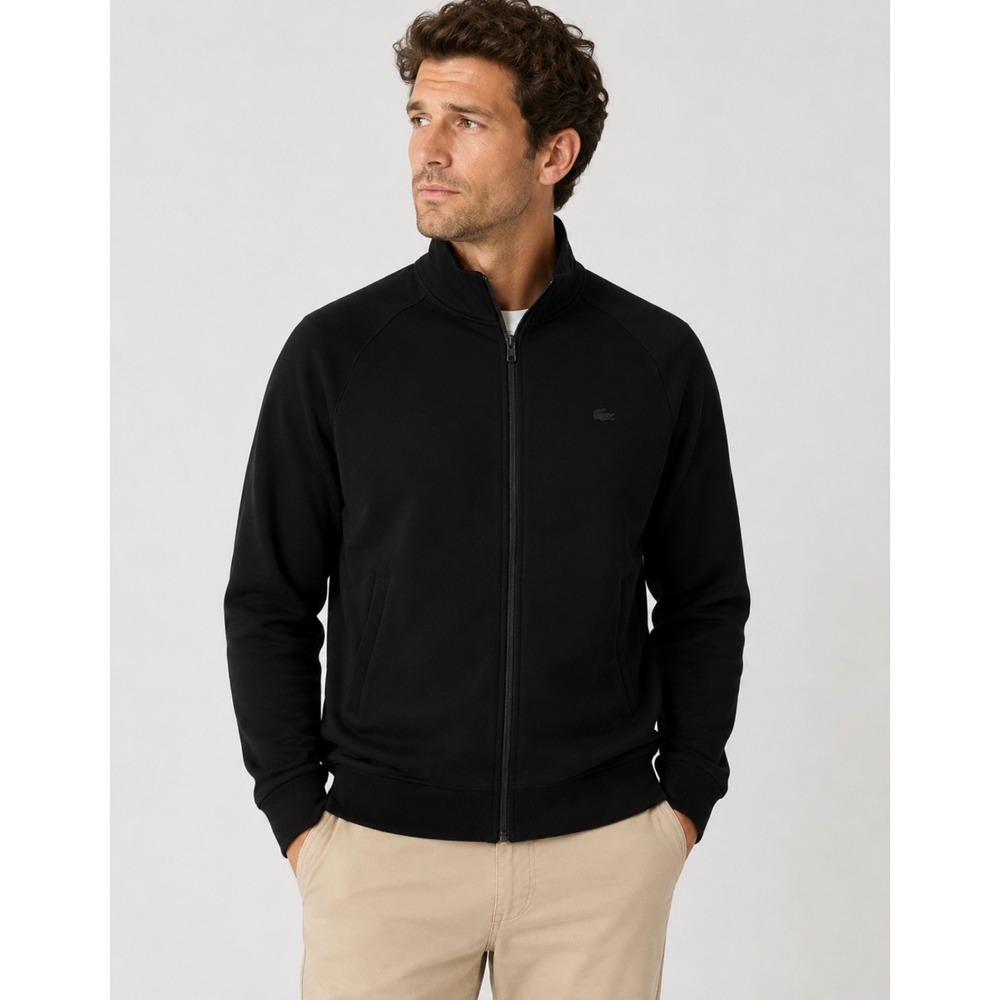 Lacoste Mens Full Zip Cardigan Sweater Black Mock Neck Logo Size 8 XL 2XL